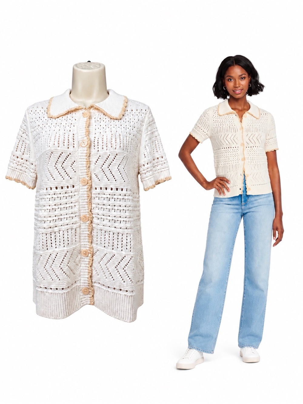 Market & Spruce NWT Flora Off White Cottagecore Preppy Pointelle Knit Cardigan S